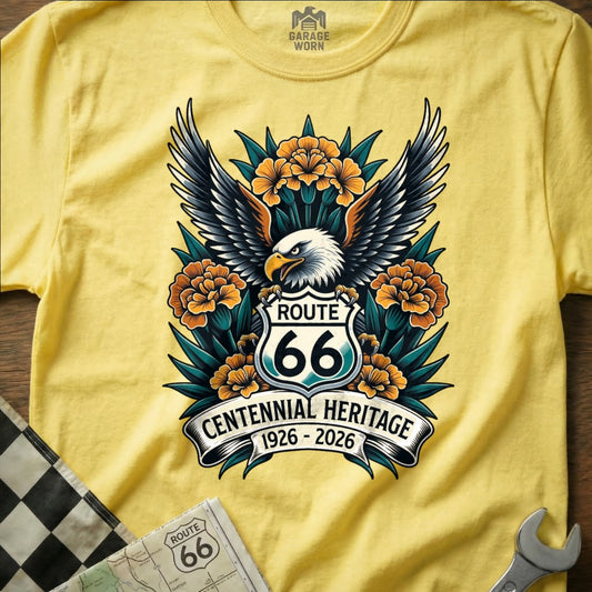 Yellow t-shirt with Route 66 Centennial Heritage eagle and floral design.