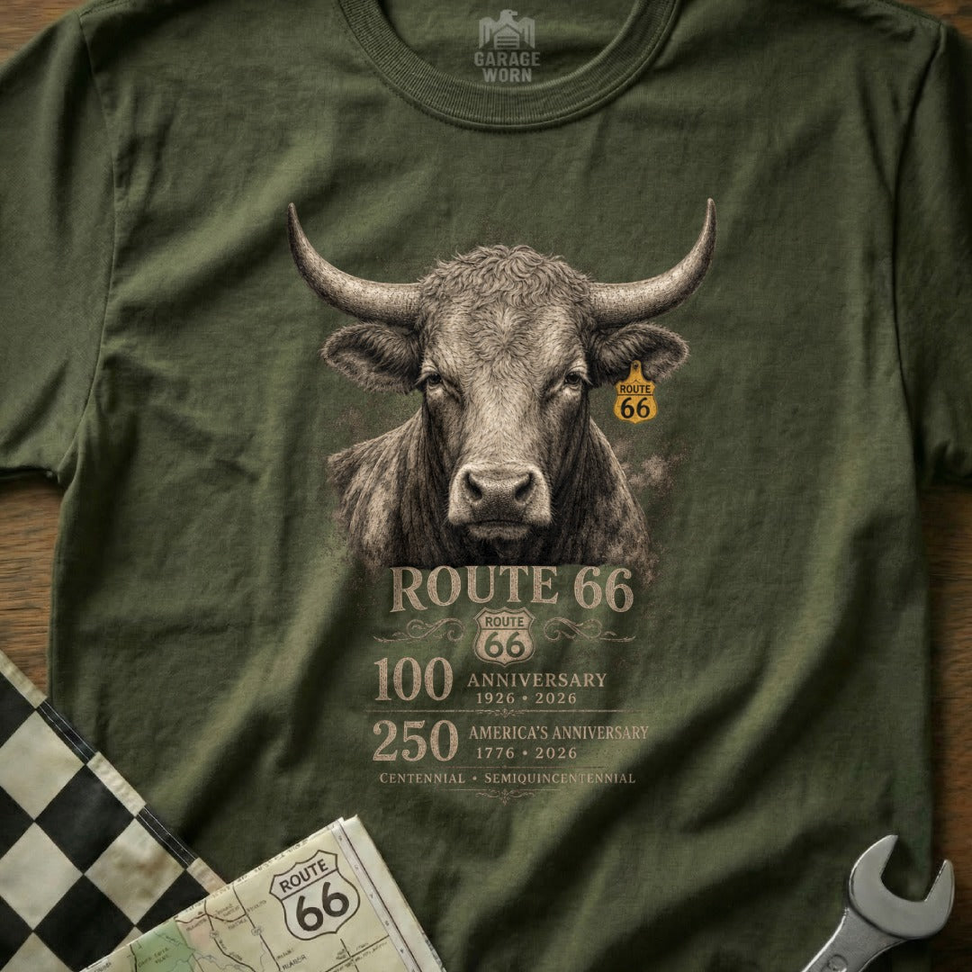T-shirt with Route 66 bull graphic celebrating anniversaries.