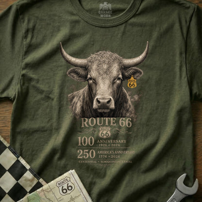 T-shirt with Route 66 bull graphic celebrating anniversaries.