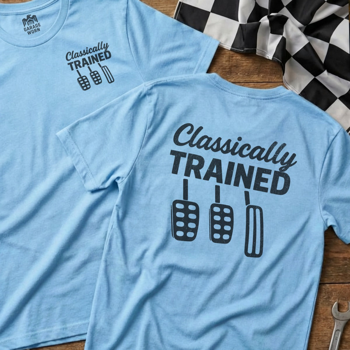 Light blue t-shirts with "Classically Trained" and pedal graphics on the back.