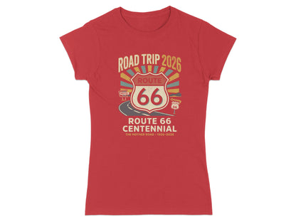 Red t-shirt with "Route 66 Centennial" and "Road Trip 2026" text.