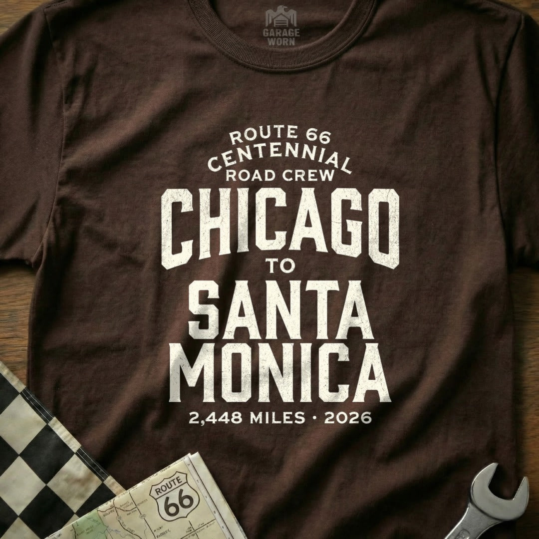 Brown t-shirt with Route 66 Centennial Chicago to Santa Monica graphic.