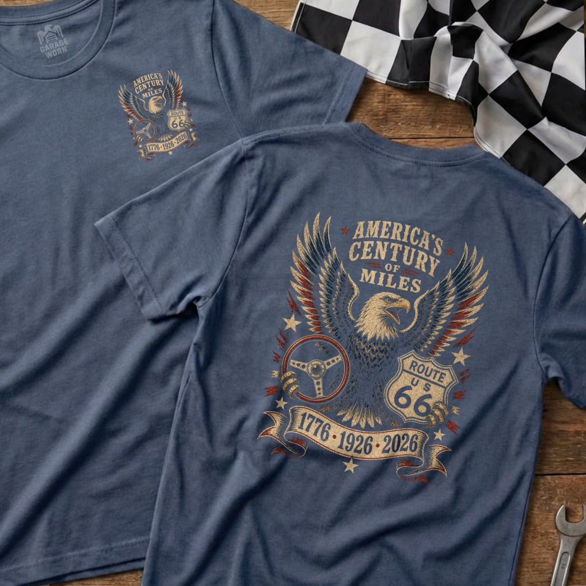 Blue t-shirts with an eagle, steering wheel, and Route 66 design.