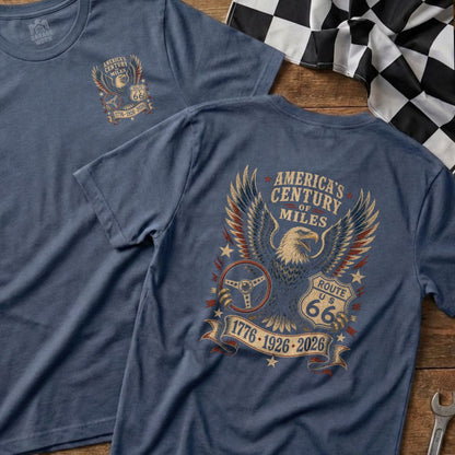 Blue t-shirts with an eagle, steering wheel, and Route 66 design.