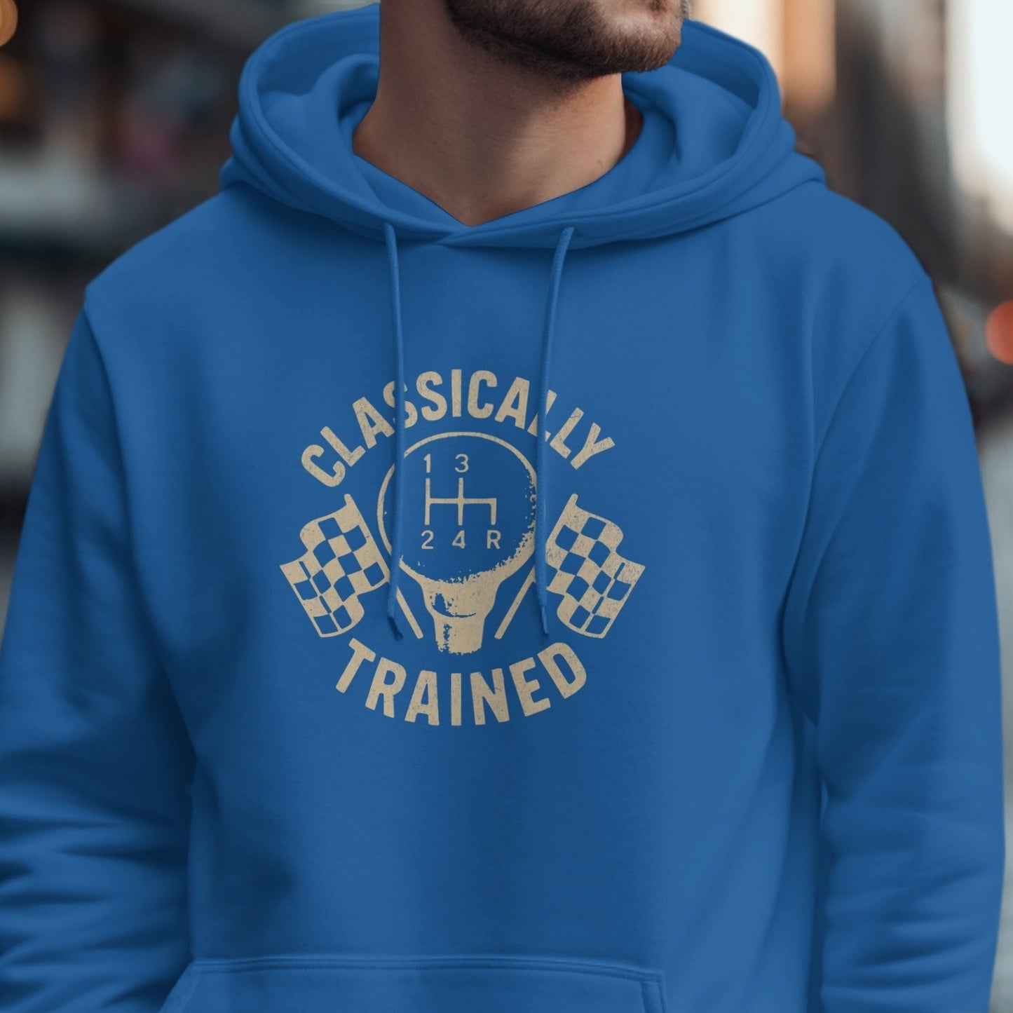 Blue hoodie with "Classically Trained" text, gear shift and checkered flags graphic.