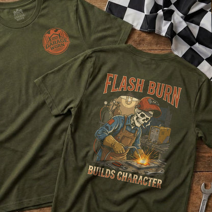 Olive green t-shirt with a skeleton welder and "Flash Burn Builds Character" text.