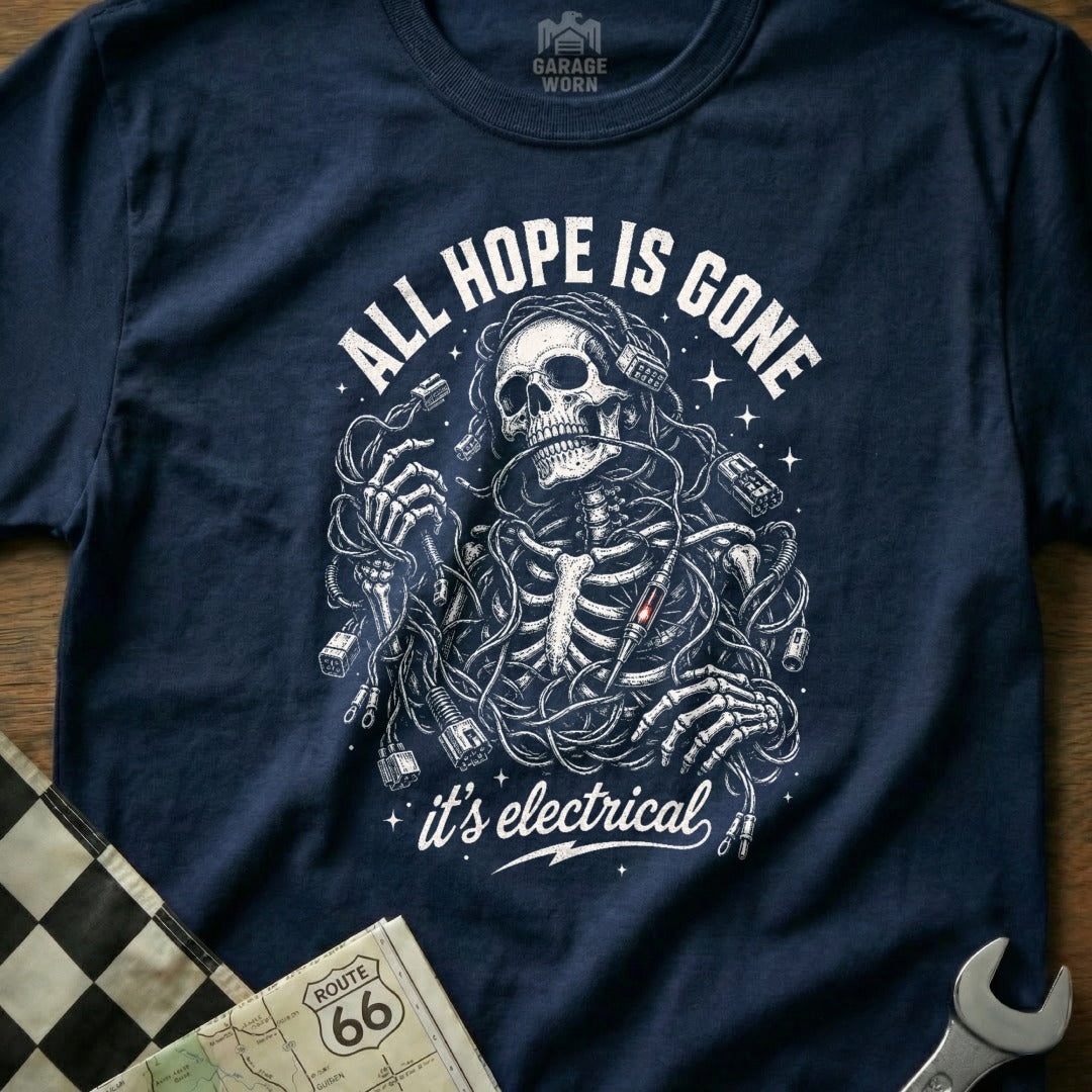 Skeleton entangled in wires holding electrical components, "All Hope Is Gone it's electrical" text.
