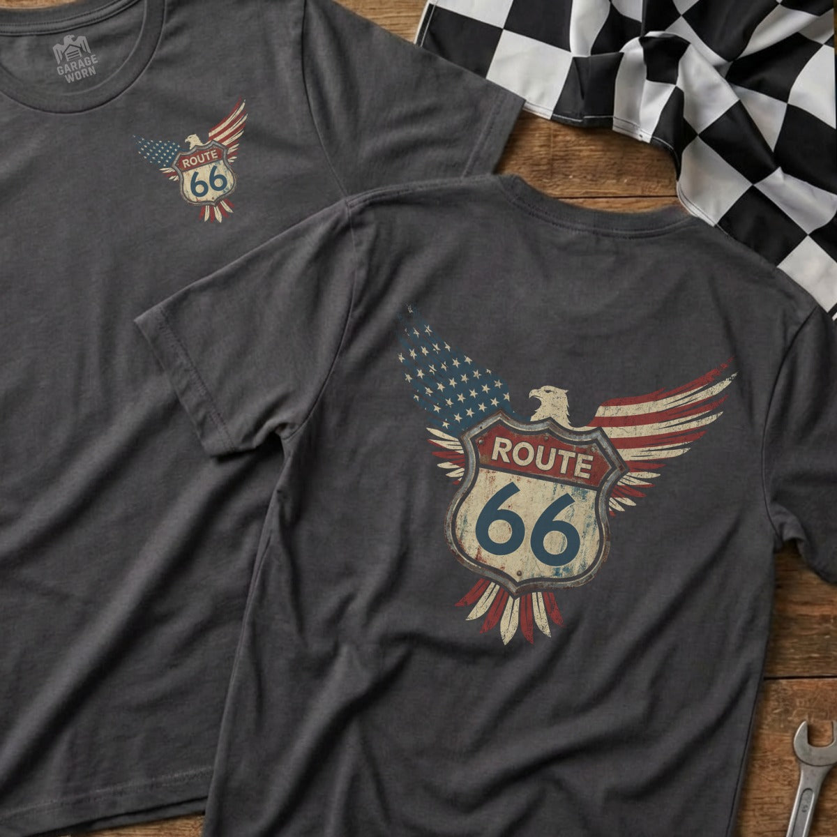 T-shirt with Route 66 eagle graphic and American flag wings.