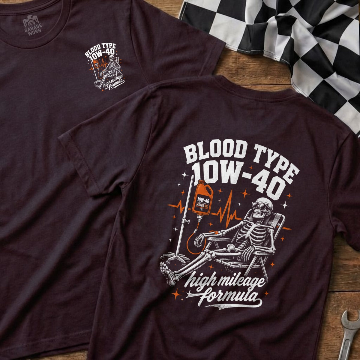 T-shirt with "Blood Type 10W-40" and skeleton receiving IV drip of motor oil.