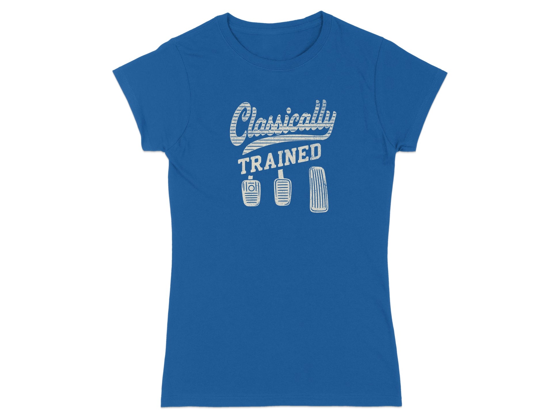 Blue t-shirt with "Classically Trained" and three pedal icons.