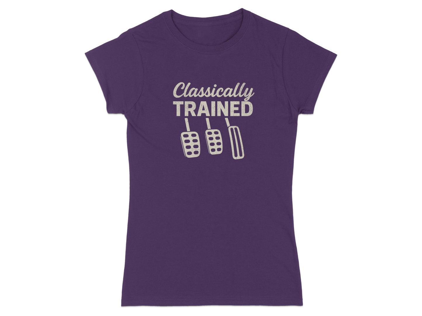 Purple t-shirt with "Classically Trained" and three pedal graphics.