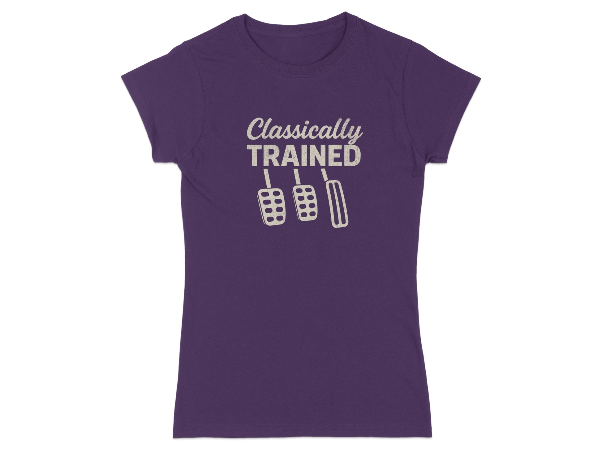 Purple t-shirt with "Classically Trained" and three pedal graphics.