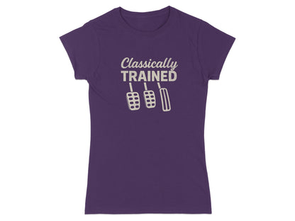 Purple t-shirt with "Classically Trained" and three pedal graphics.