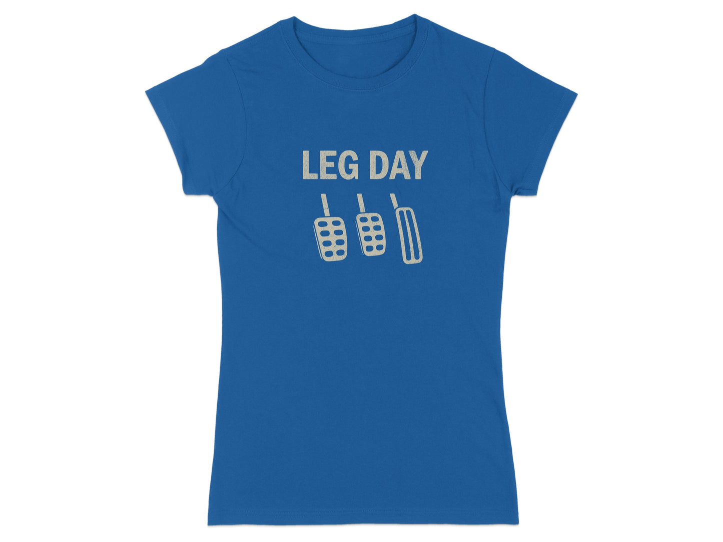Blue t-shirt with "LEG DAY" text and graphic of car pedals.