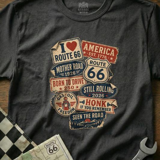 T-shirt with distressed Route 66 and road trip graphics.