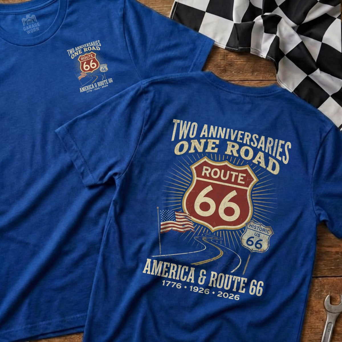 Blue t-shirts with Route 66 anniversary graphics and text.