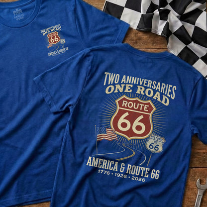 Blue t-shirts with Route 66 anniversary graphics and text.
