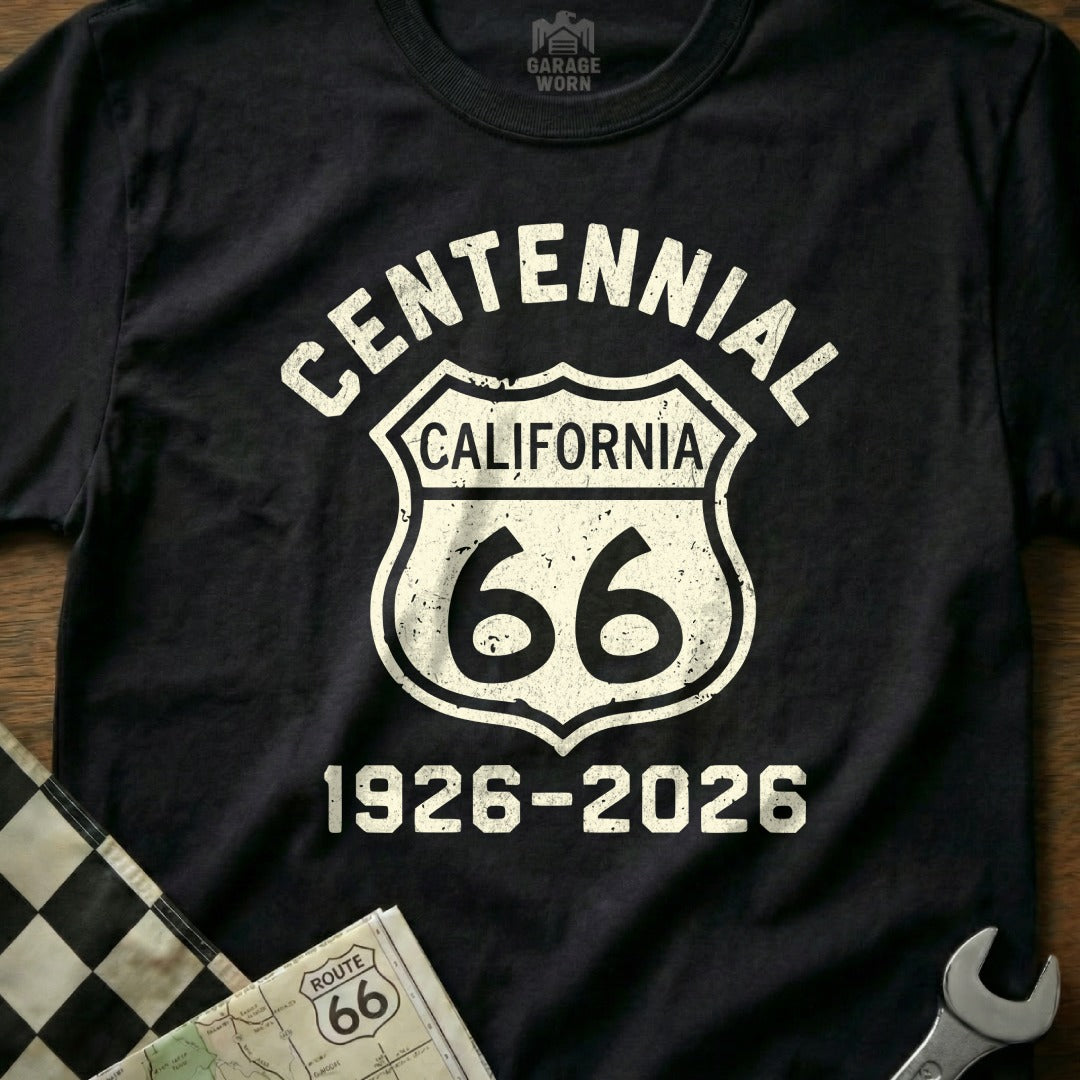 Centennial Route 66 California 1926-2026 graphic on black t-shirt.