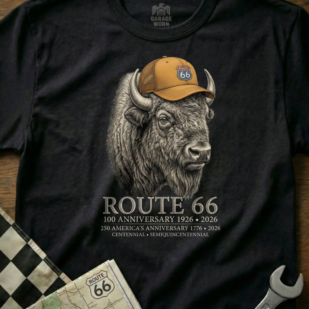 T-shirt with a Route 66 buffalo graphic and anniversary text.
