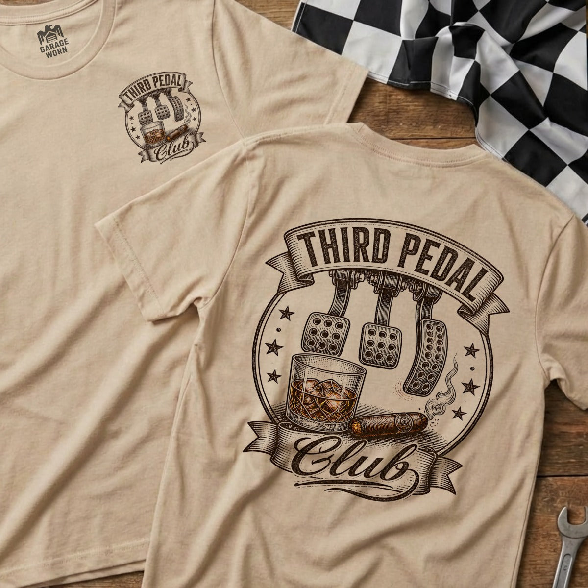 Beige t-shirt with "Third Pedal Club" graphic featuring pedals, whiskey, and cigar.