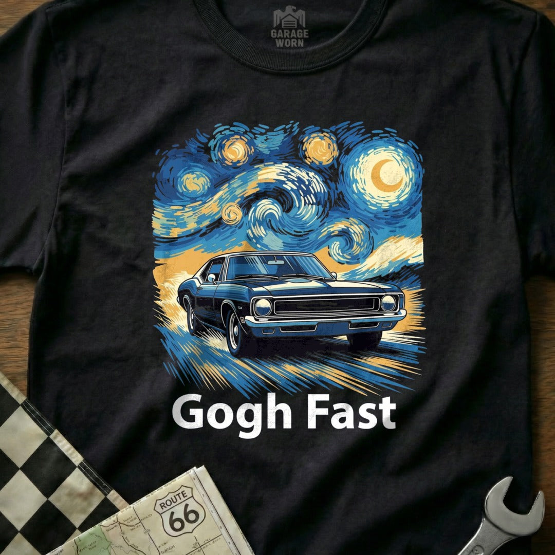Black t-shirt with Van Gogh-style starry night sky and a blue car, "Gogh Fast" text.
