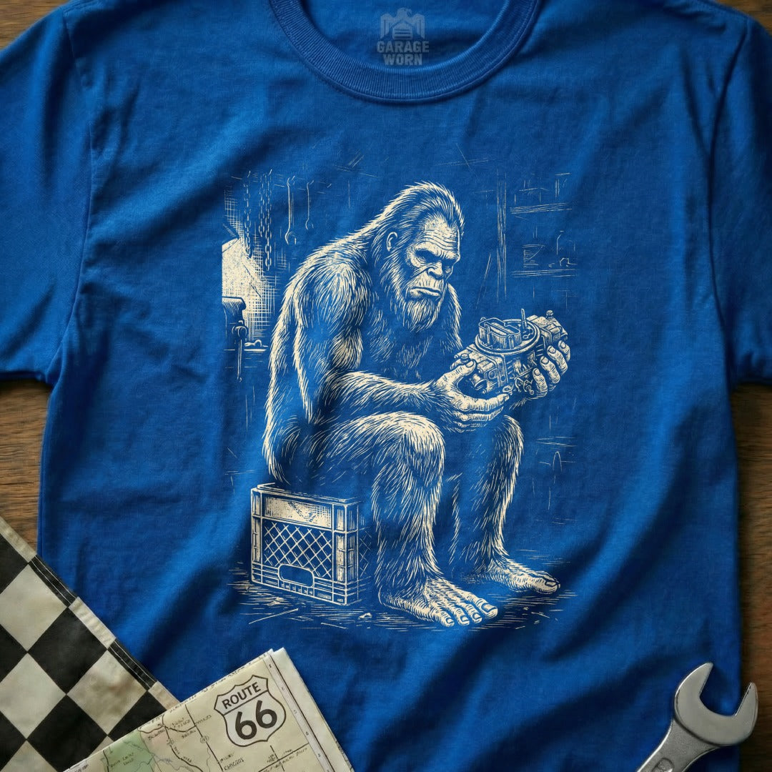 Bigfoot holding a carburetor, sitting on a crate.