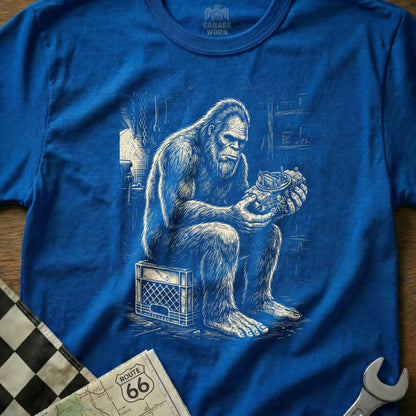 Bigfoot holding a carburetor, sitting on a crate.