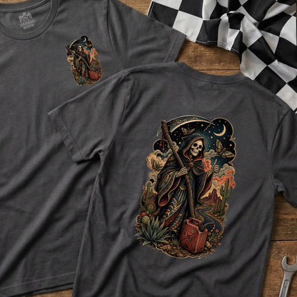 Grim Reaper with scythe and gas can, set against desert landscape and night sky.