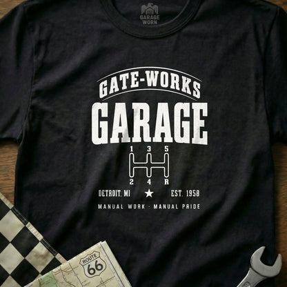 Black t-shirt with "Gate-Works Garage" and manual transmission graphic.