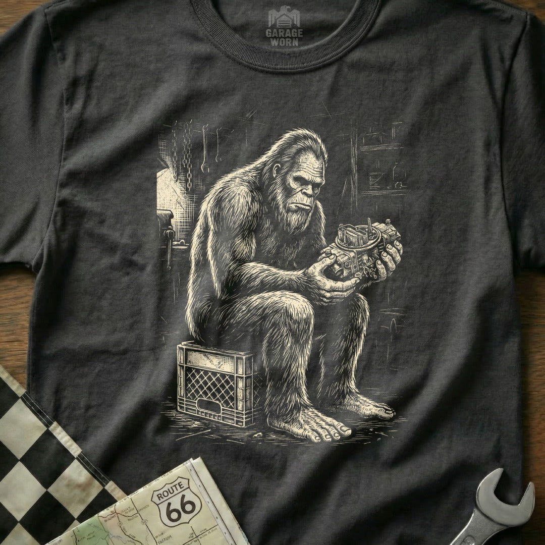 Bigfoot sits on a crate holding a carburetor in a garage workshop.