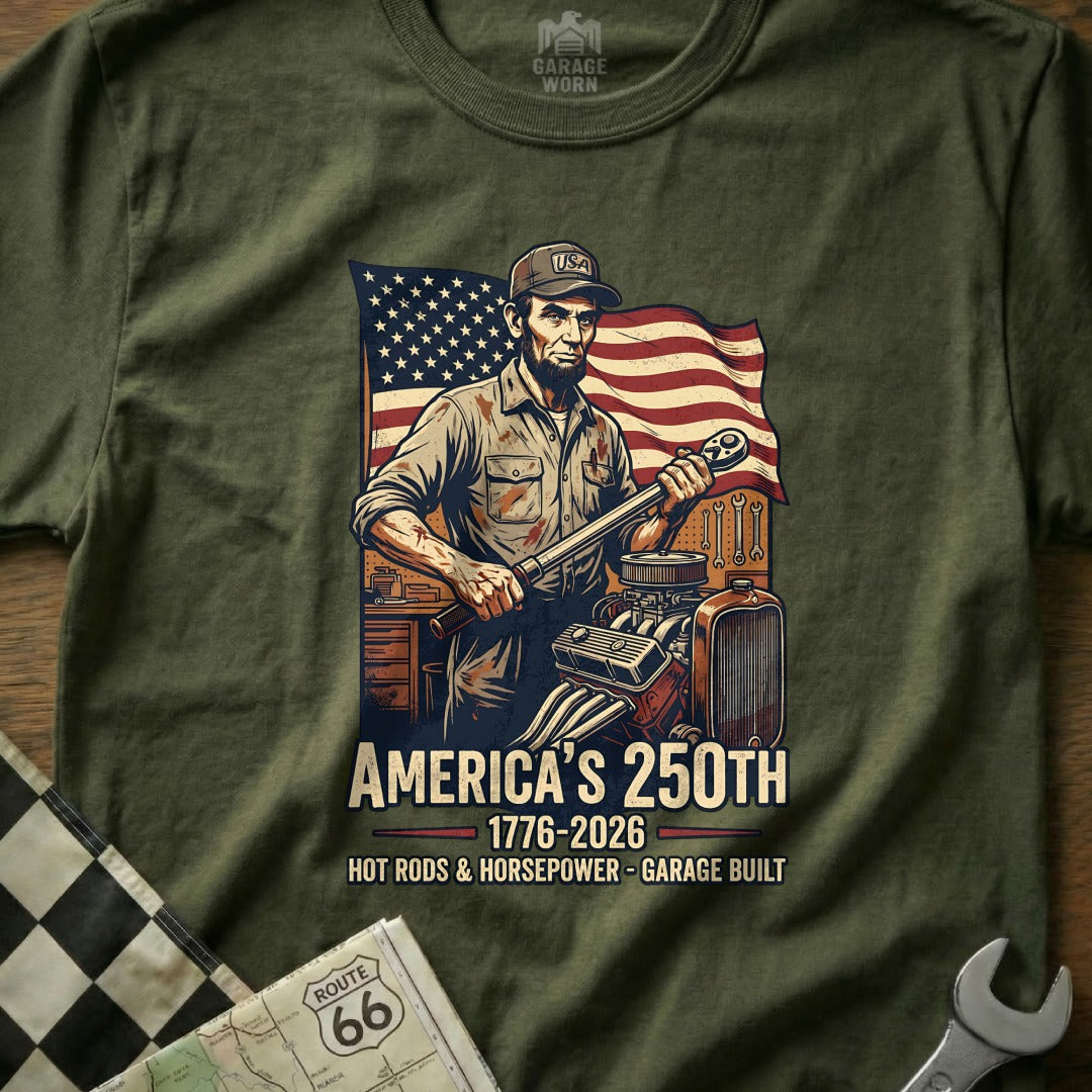 Abraham Lincoln holding a wrench with USA flag, "America's 250th" text.