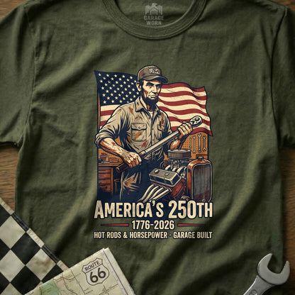 Abraham Lincoln holding a wrench with USA flag, "America's 250th" text.