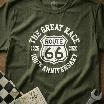 Olive green t-shirt with "The Great Race Route 66 100th Anniversary" text.