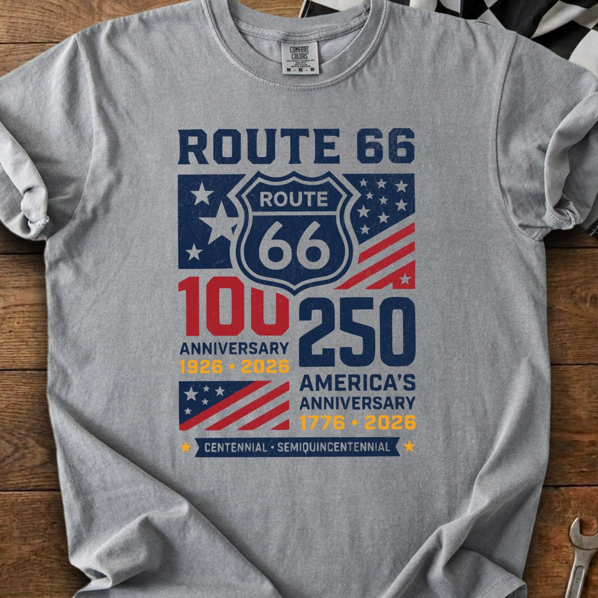 Route 66 100th and America's 250th anniversary t-shirt design.