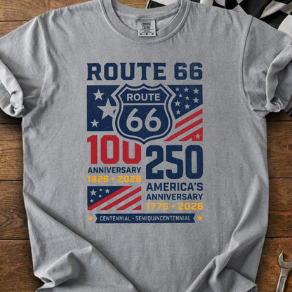 Route 66 100th and America's 250th anniversary t-shirt design.
