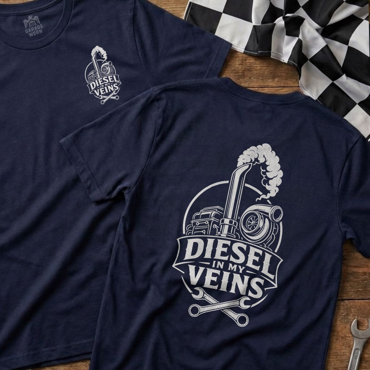 Navy t-shirt featuring a white graphic of a turbo engine and exhaust with text "Diesel In My Veins".