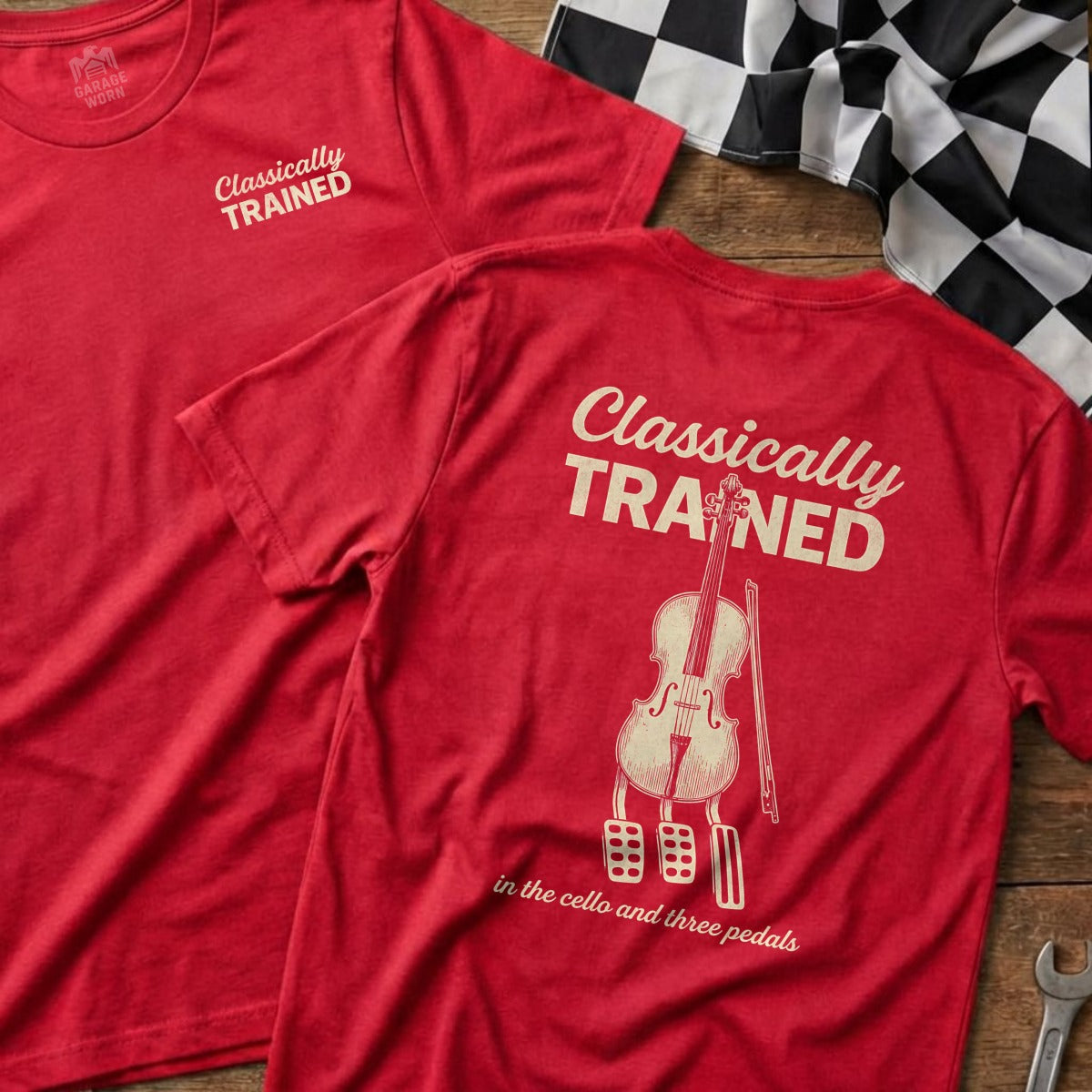 Red t-shirts with "Classically Trained" text and a cello with pedals graphic.