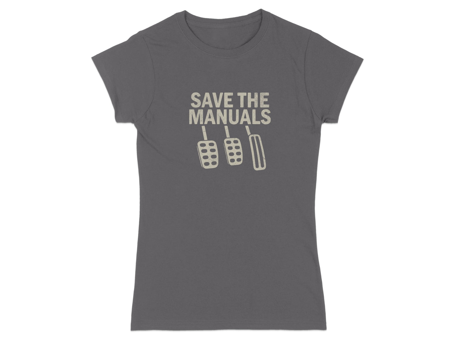 Dark grey t-shirt with "SAVE THE MANUALS" and three pedal icons.