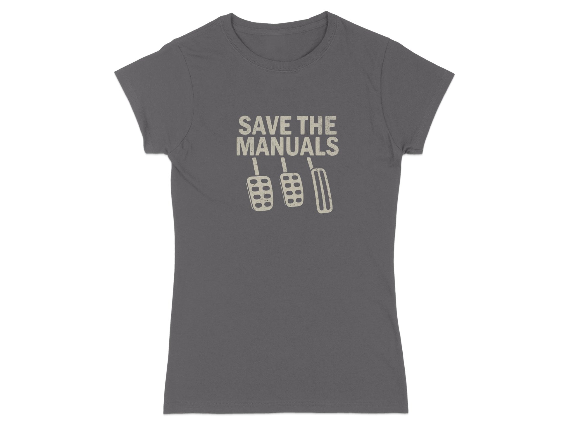 Dark grey t-shirt with "SAVE THE MANUALS" and three pedal icons.