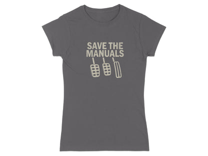 Dark grey t-shirt with "SAVE THE MANUALS" and three pedal icons.