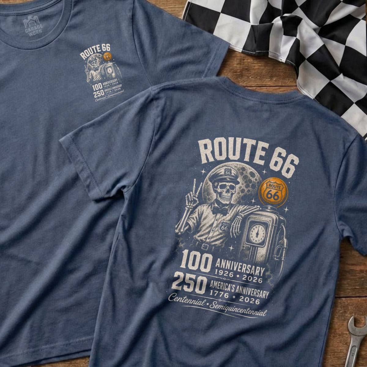 T-shirt with Route 66 skeleton, gas pump, moon, and anniversary dates.