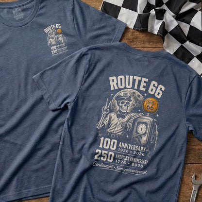 T-shirt with Route 66 skeleton, gas pump, moon, and anniversary dates.