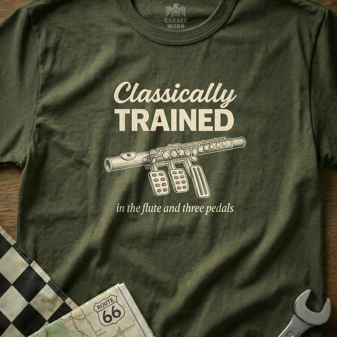 Olive green t-shirt with "Classically Trained" and flute with three pedals design.