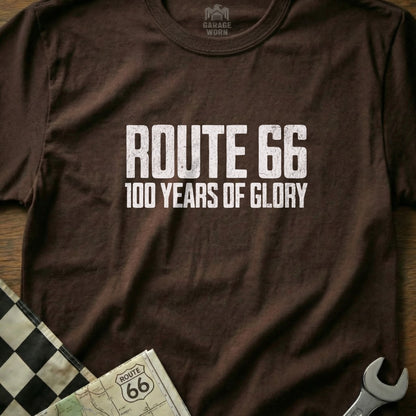 Brown t-shirt with "Route 66 100 Years of Glory" text.