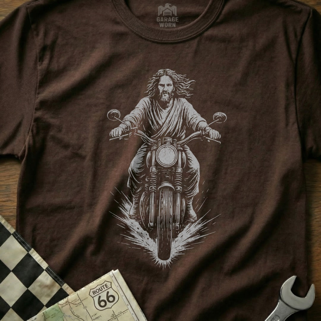 Jesus Riding a Motorcycle Graphic Brown T-Shirt
