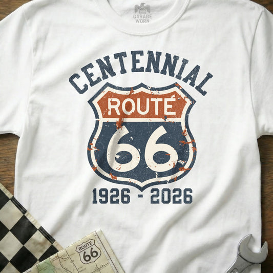 White t-shirt with distressed Route 66 Centennial shield, 1926-2026.