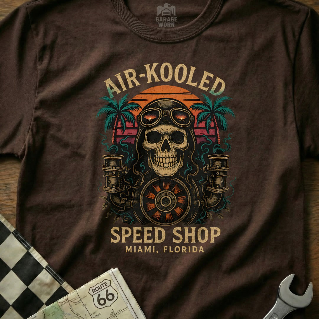 T-shirt graphic: skull wearing goggles, with "AIR-KOOLEd SPEED SHOP MIAMI, FLORIDA" text.