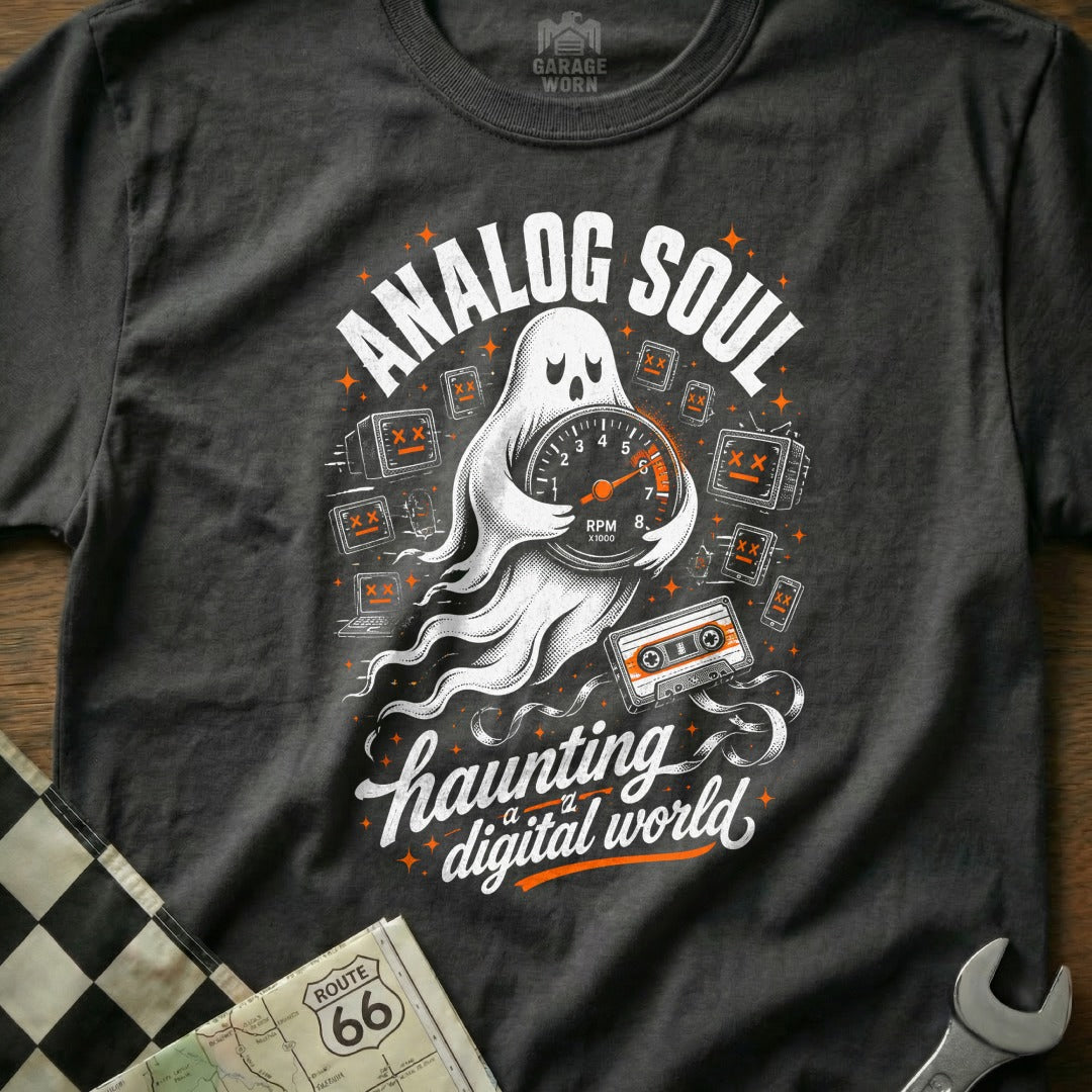 Ghost holding RPM gauge with text "Analog Soul" and "haunting a digital world".