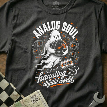 Ghost holding RPM gauge with text "Analog Soul" and "haunting a digital world".