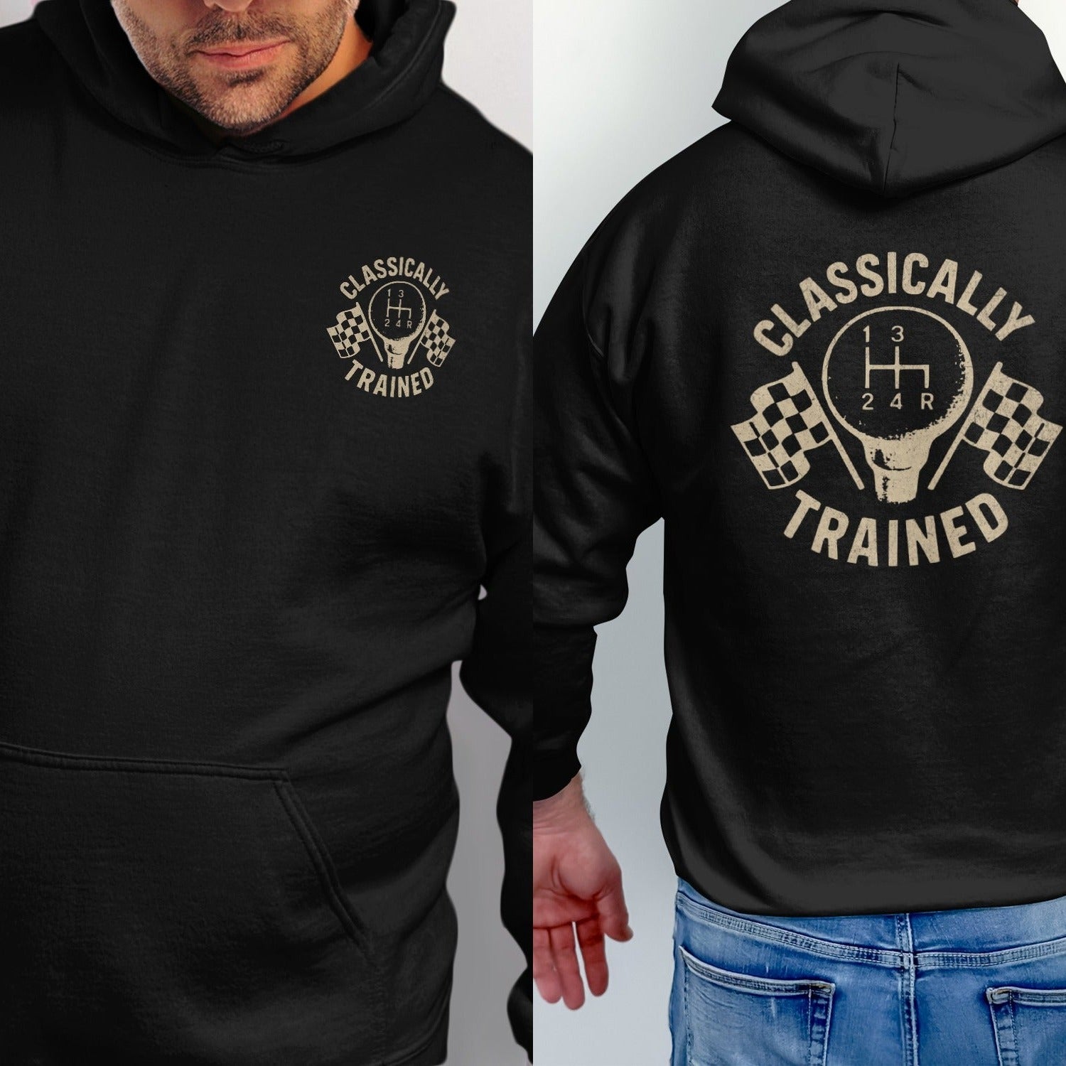 Black hoodie with a gear shift emblem and racing flags. "Classically Trained."
